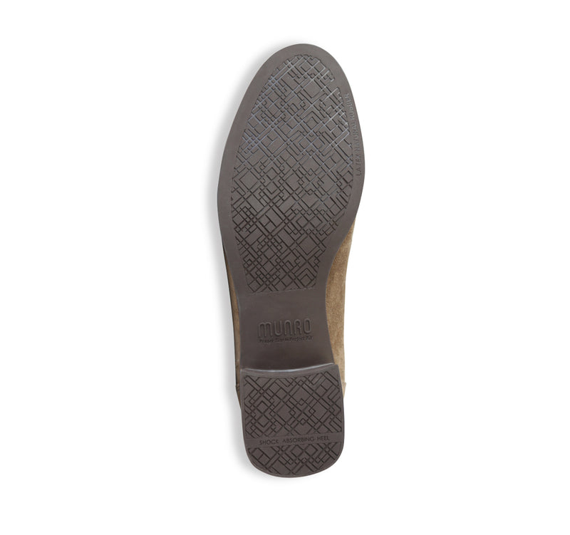 GRYFFIN MOC-TOE PENNY LOAFER IN TOASTED SESAME SUEDE WITH GUNMETAL BIT - BOTTOM VIEW