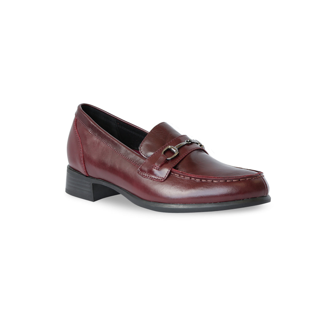 GRYFFIN MOC TOE PENNY LOAFER IN WINE GLAZED CALF LEATHER WITH GUNMETAL BIT - ANGLE VIEW