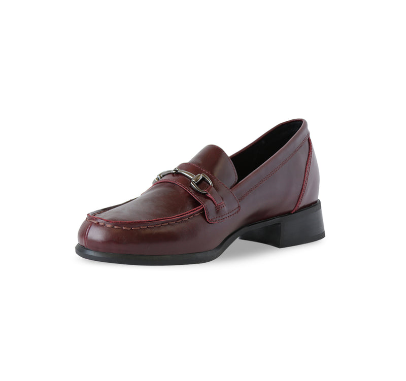 GRYFFIN MOC TOE PENNY LOAFER IN WINE GLAZED CALF LEATHER WITH GUNMETAL BIT - INSIDE VIEW