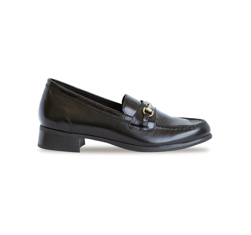 GRYFFIN MOC-TOE PENNY LOAFER IN BLACK GLAZED CALF LEATHER WITH GOLD COLOR BIT - SIDE VIEW