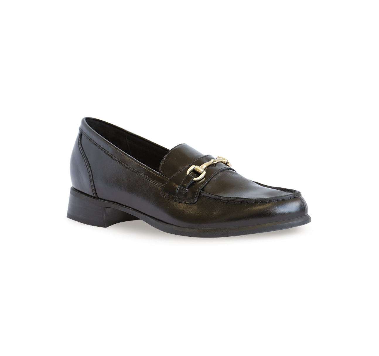 GRYFFIN MOC-TOE PENNY LOAFER IN BLACK GLAZED CALF LEATHER WITH GOLD COLOR BIT - ANGLE VIEW