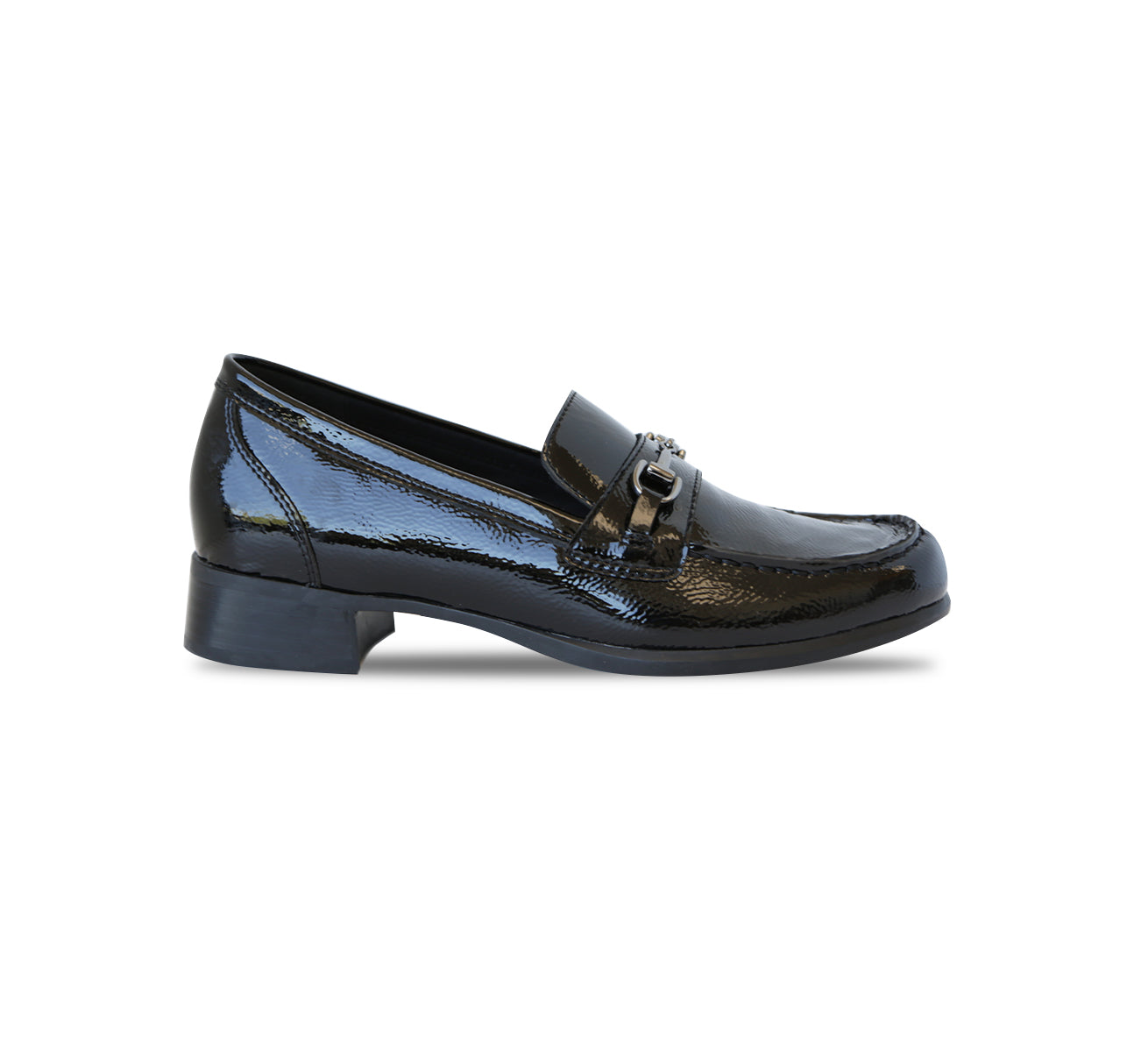 GRYFFIN SADDLE LOAFER WITH ORNAMENTAL BIT IN BLACK CRINKLE PATENT LEATHER-SIDE VIEW