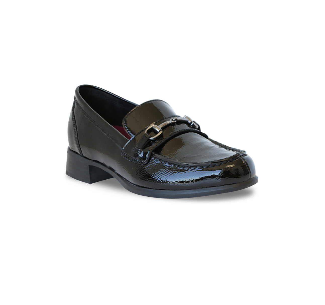 GRYFFIN SADDLE LOAFER WITH ORNAMENTAL BIT IN BLACK CRINKLE PATENT LEATHER-ANGLE VIEW