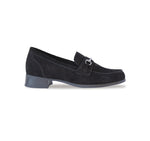 GRYFFIN MOC-TOE PENNY LOAFER IN BLACK SUEDE WITH GUNMETAL BIT - SIDE VIEW