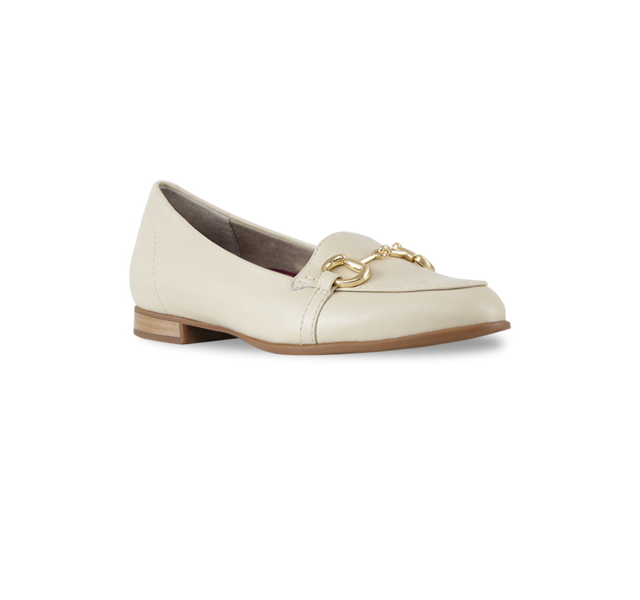 Tanya loafer in cream lamb leather with saddle bit, apron vamp, and latex rubber outsole-angle view