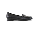 Tanya loafer in black lamb leather with saddle bit, apron vamp, and latex rubber outsole-side view