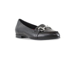 Tanya loafer in black lamb leather with saddle bit, apron vamp, and latex rubber outsole-angle view