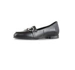 Tanya loafer in black lamb leather with saddle bit, apron vamp, and latex rubber outsole-inside view