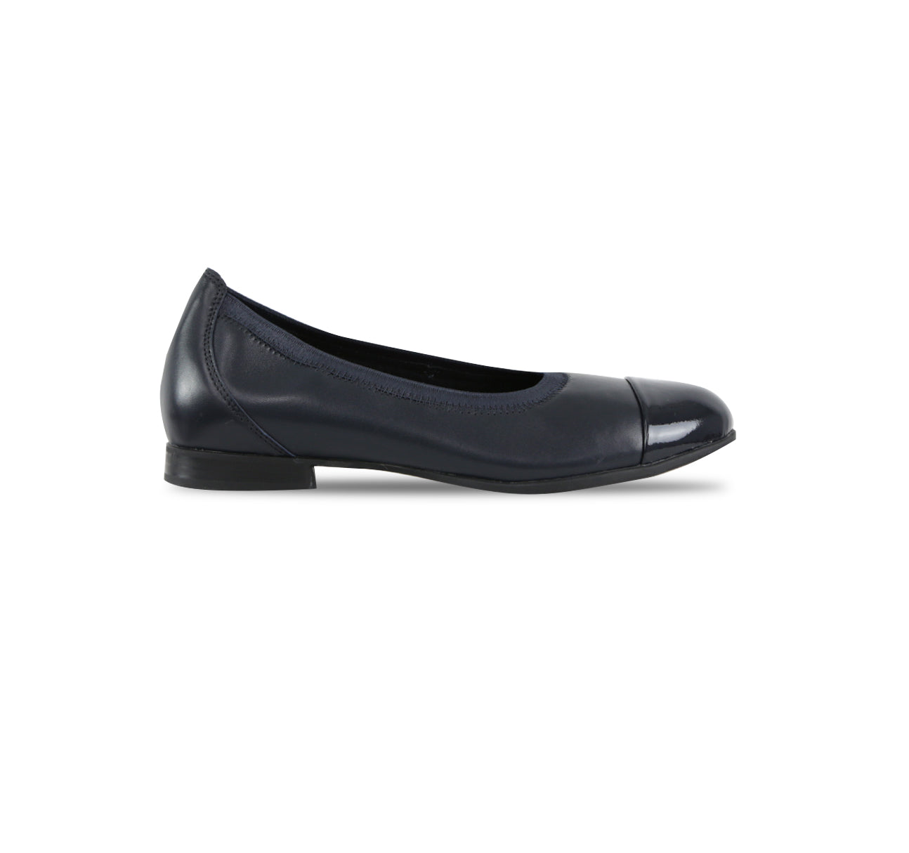 MILA SKIMMER SLIP-ON IN NAVY LAMB LEATHER AND PATENT LEATHER TOE CAP-SIDE VIEW