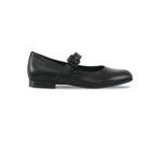 MJ low heel Mary-Jane with a wrapped buckle in black leather on a rubber unit with half-inch hidden wedge for added comfort-side view