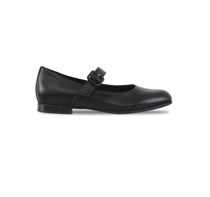 MJ low heel Mary-Jane with a wrapped buckle in black leather on a rubber unit with half-inch hidden wedge for added comfort-side view