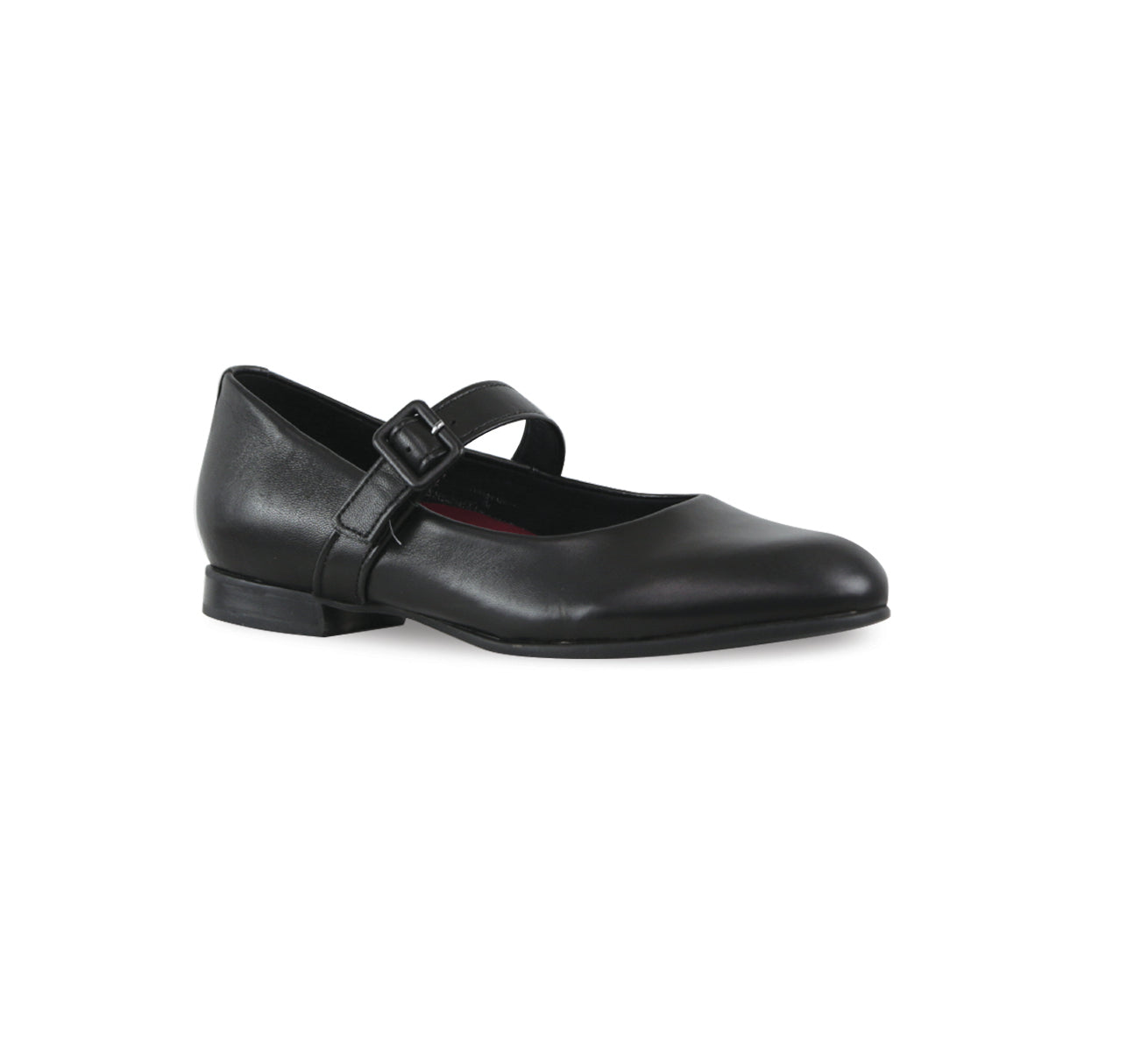 MJ low heel Mary-Jane with a wrapped buckle in black leather on a rubber unit with half-inch hidden wedge for added comfort-angle view