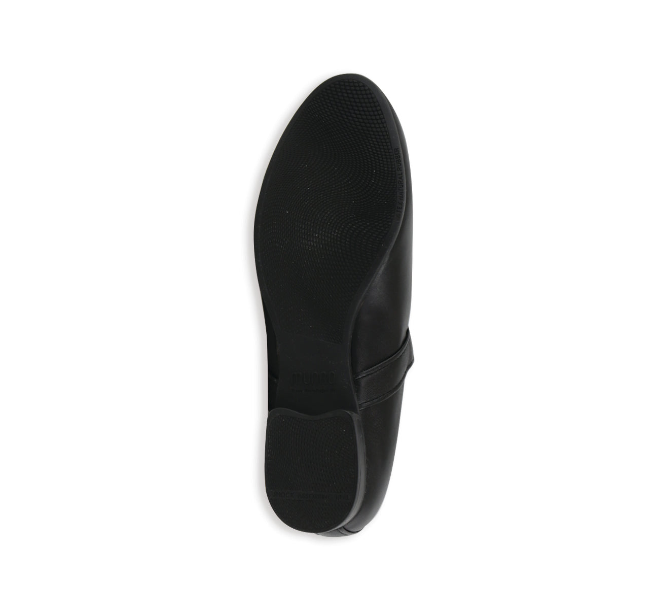 MJ low heel Mary-Jane with a wrapped buckle in black leather on a rubber unit with half-inch hidden wedge for added comfort-bottom view