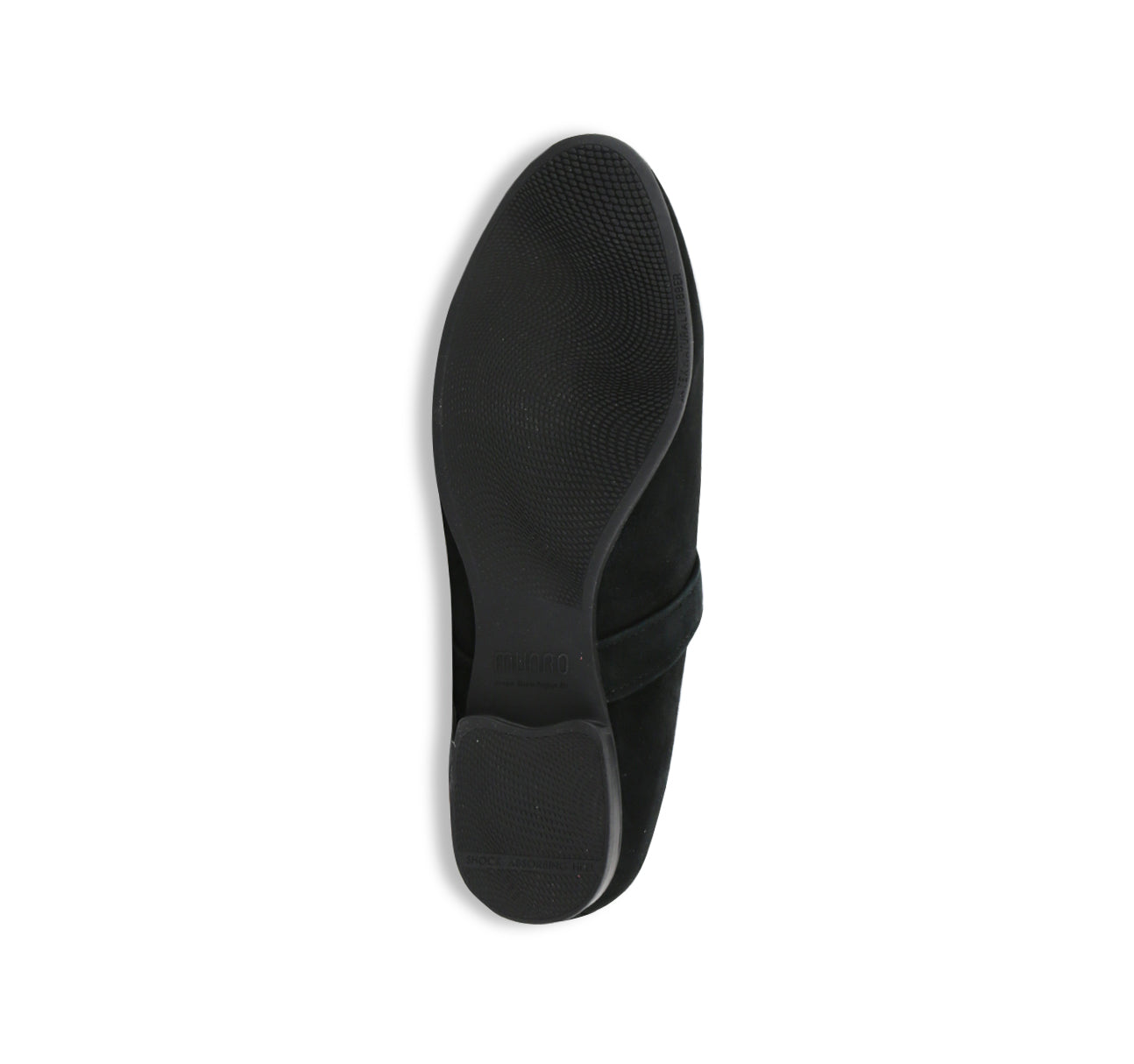 MJ low heel Mary-Jane with a wrapped buckle in black leather on a rubber unit with half-inch hidden wedge for added comfort-bottom view