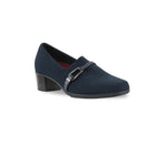 CINDI II PUMP WITH BELT STRAP AND ORNAMENT ACROSS THE VAMP IN NAVY FABRIC-ANGLE VIEW