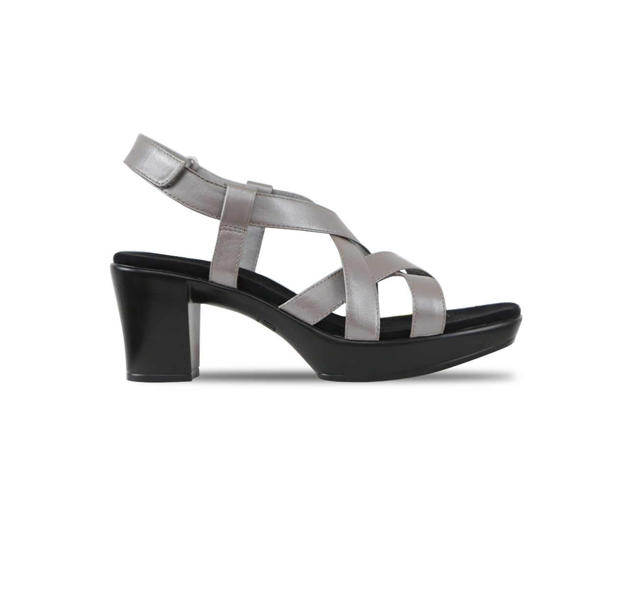 Maddox crisscross straps and hook & loop ankle strap on platform unit in silver leather-side view