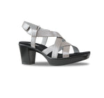 Maddox crisscross straps and hook & loop ankle strap on platform unit in silver leather-angle view