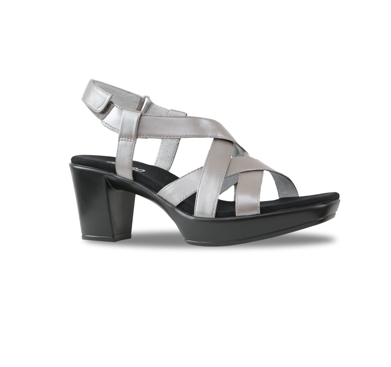 Maddox crisscross straps and hook & loop ankle strap on platform unit in silver leather-angle view