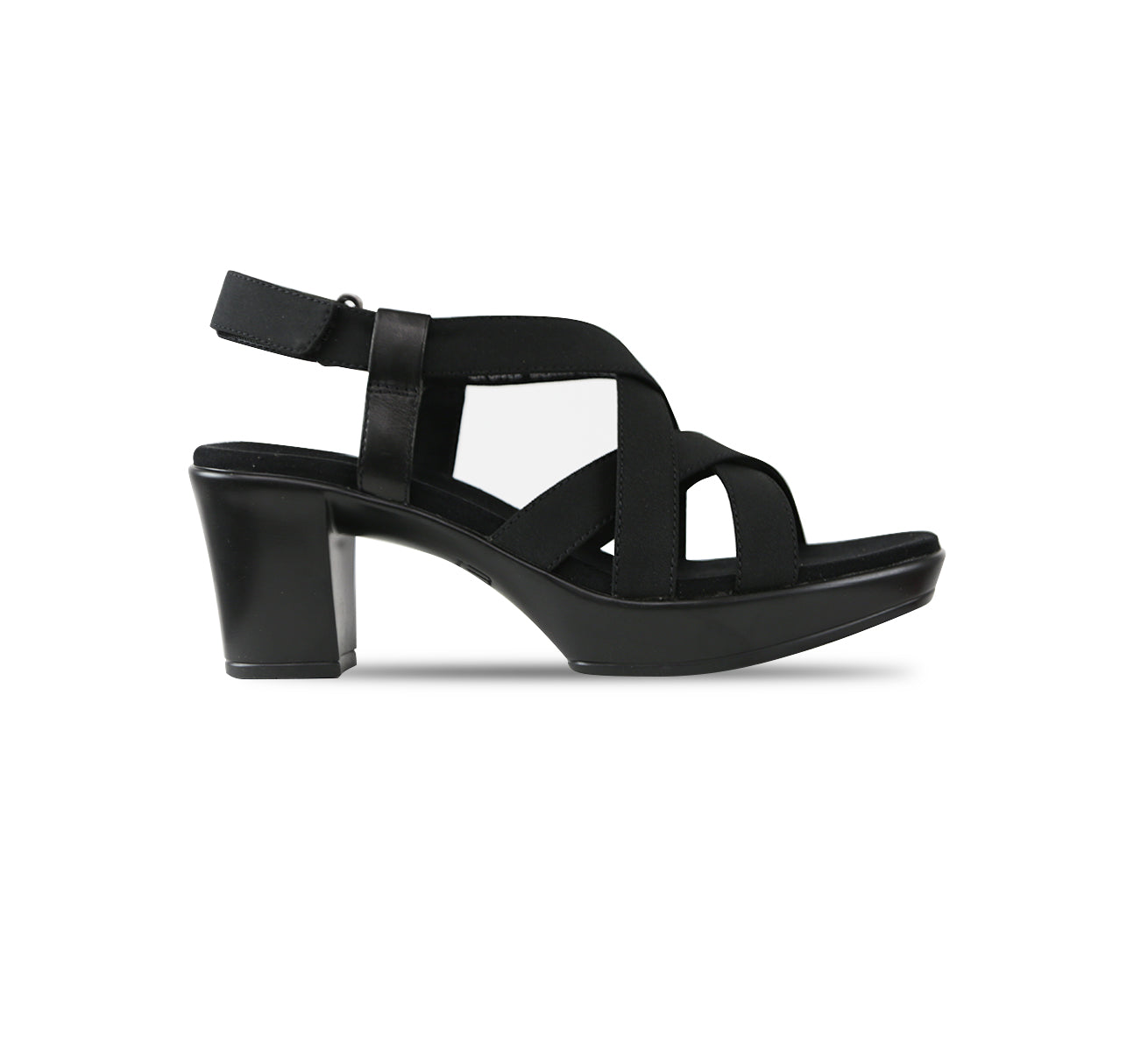 Maddox crisscross straps and hook & loop ankle strap on platform unit in black leather-side view