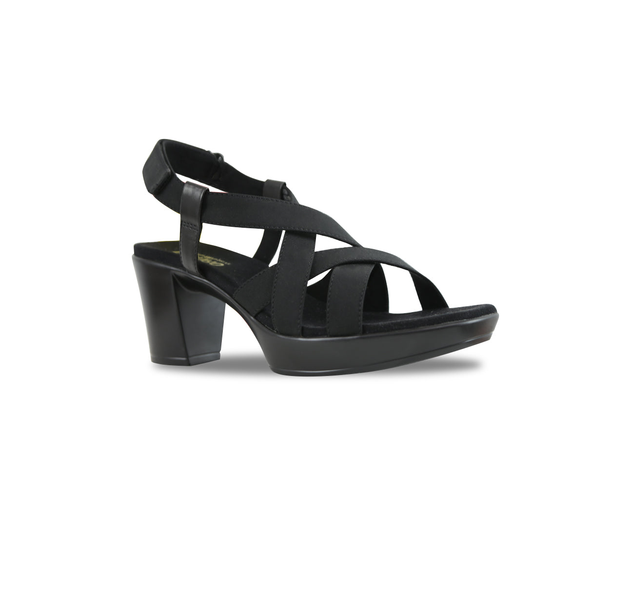 Maddox crisscross straps and hook & loop ankle strap on platform unit in black leather-angle view