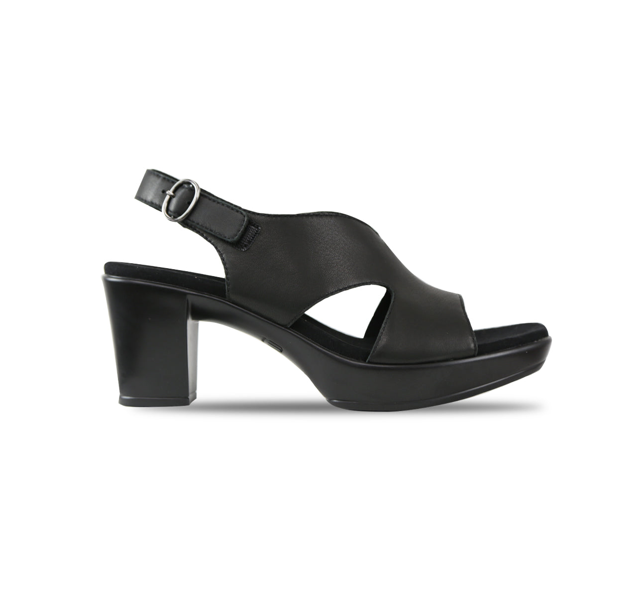 Julian platform sandal in black lamb leather with low V-top line and side cut-outs with hook & loop back strap-side view