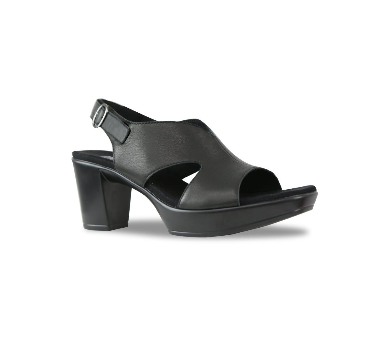 Julian platform sandal in black lamb leather with low V-top line and side cut-outs with hook & loop back strap-angle view