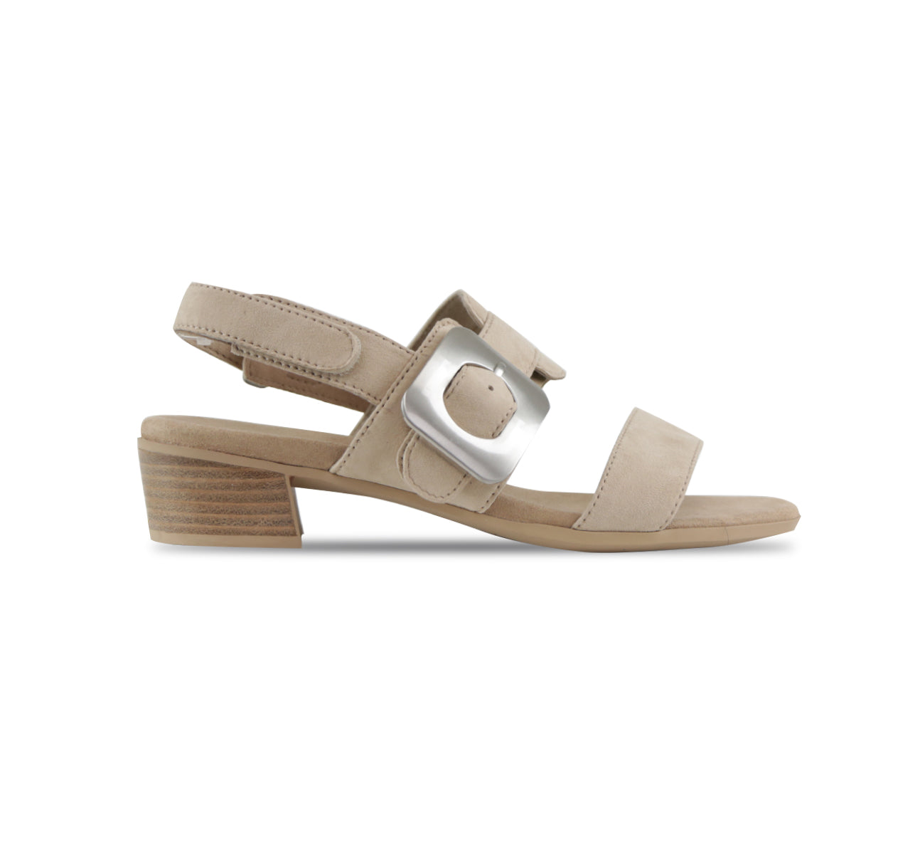 Ashlin mid-heel beige suede dress sandal with wide band vamp strap and hook & loop ankle strap and large decorative buckle-side view