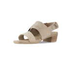 Ashlin mid-heel beige suede dress sandal with wide band vamp strap and hook & loop ankle strap and large decorative buckle-inside view