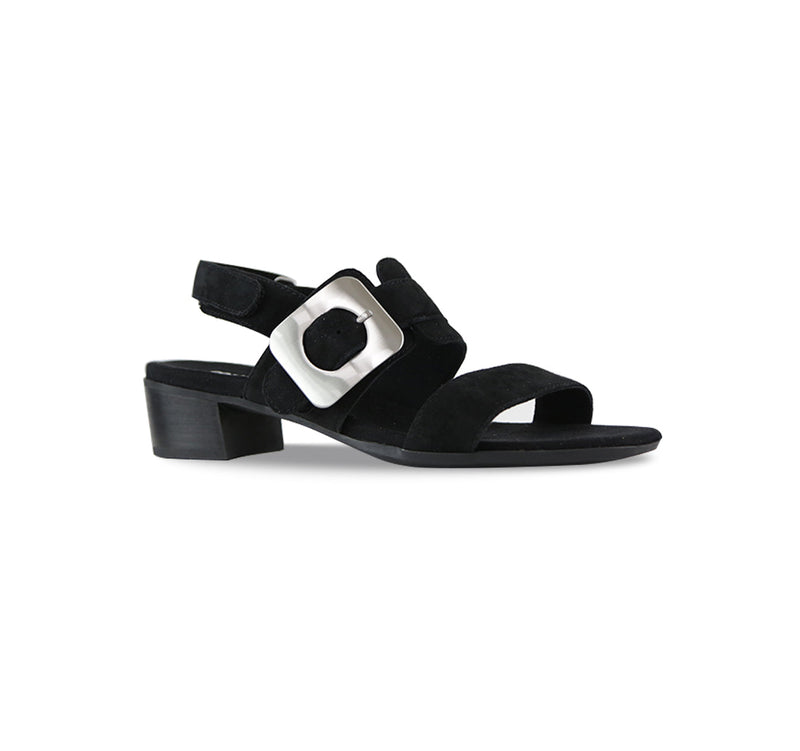 Ashlin mid-heel black suede dress sandal with wide band vamp strap and hook & loop ankle strap and large decorative buckle-angle view