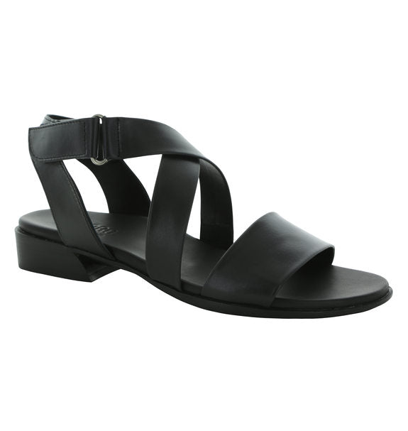 SOUKI CROSS-STRAP DRESS OR CASUAL FLAT SANDAL IN BLACK LAMB LEATHER - Angle View