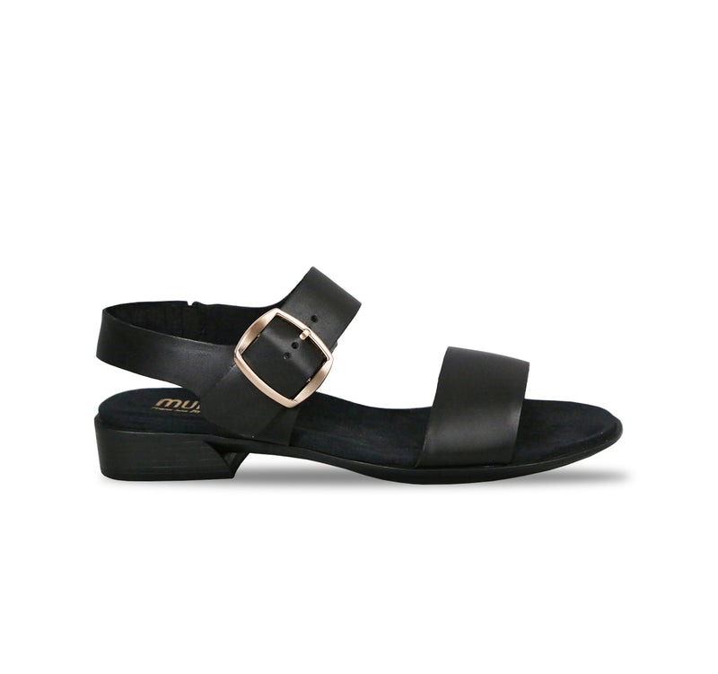 Cleo dress or casual sandal on low heel with buckle on ankle strap in black cow leather-side view