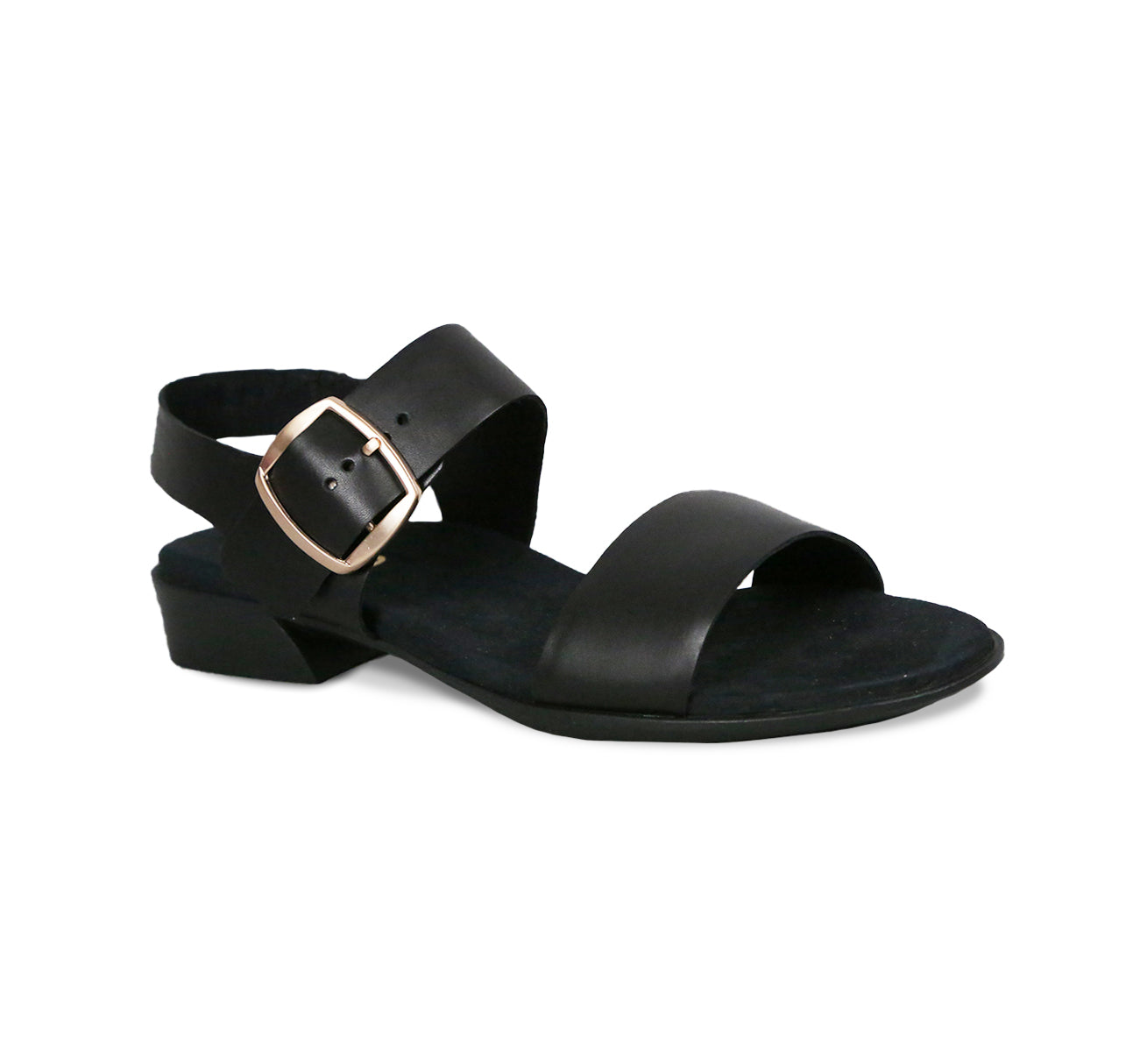 Cleo dress or casual sandal on low heel with buckle on ankle strap in black cow leather-angle view