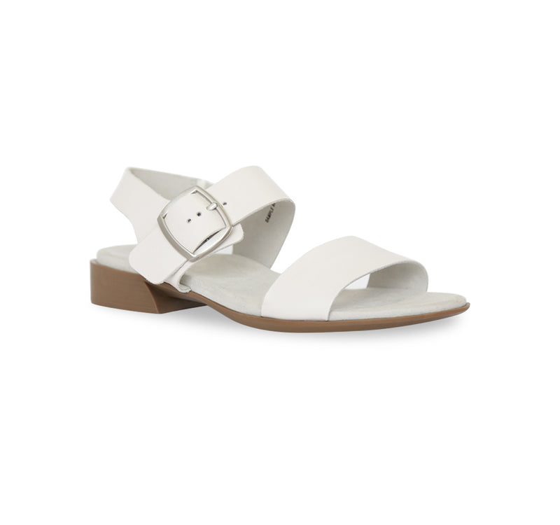 Cleo dress or casual sandal on low heel with buckle on ankle strap in off-white leather-angle view