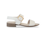 Cleo dress or casual sandal on low heel with buckle on ankle strap in cream color leather-side view