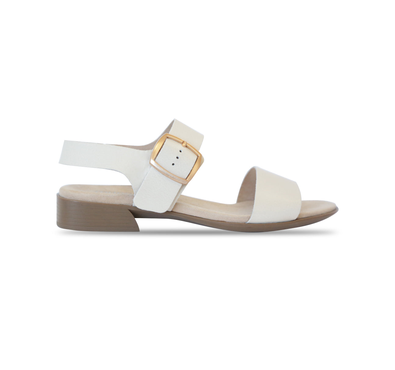 Cleo dress or casual sandal on low heel with buckle on ankle strap in cream color leather-side view