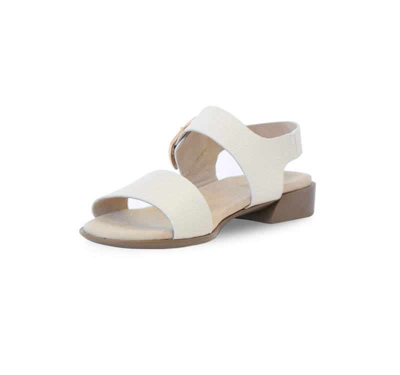 Cleo dress or casual sandal on low heel with buckle on ankle strap in cream color leather-inside view