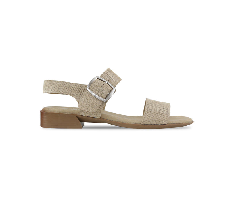 Cleo double-strap dress-casual sandal with back strap, buckle with elastic insert on low-heel rubber outsole in cappuccino printed nubuck-side view