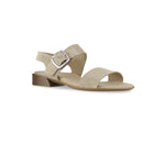 Cleo double-strap dress-casual sandal with back strap, buckle with elastic insert on low-heel rubber outsole in cappuccino printed nubuck-angle view