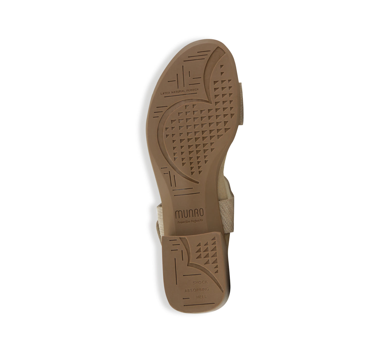 Cleo double-strap dress-casual sandal with back strap, buckle with elastic insert on low-heel rubber outsole in cappuccino printed nubuck-bottom view