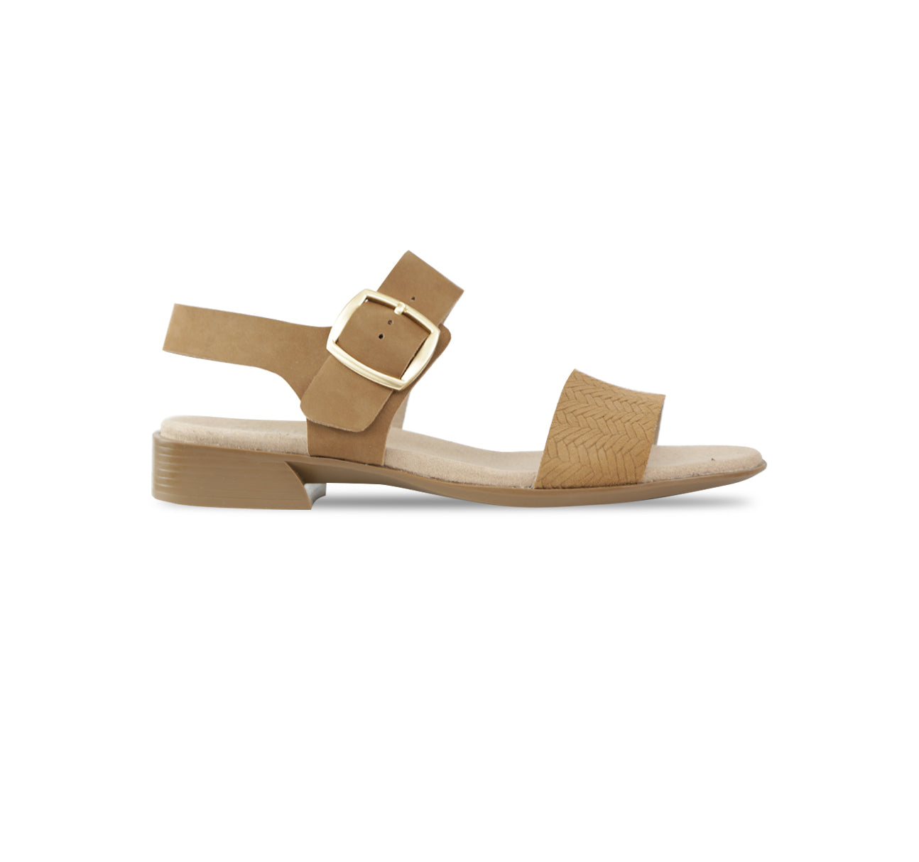 Cleo dress or casual sandal on low heel with buckle on ankle strap in med-tan nubuck-side view