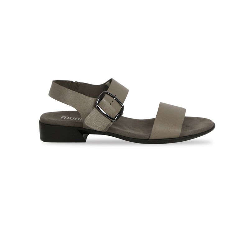 Cleo dress or casual sandal on low heel with buckle on ankle strap in vintage khaki color cow leather-side view