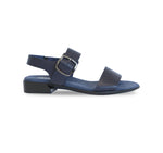 Cleo dress or casual sandal on low heel with buckle on ankle strap in navy leather-side view