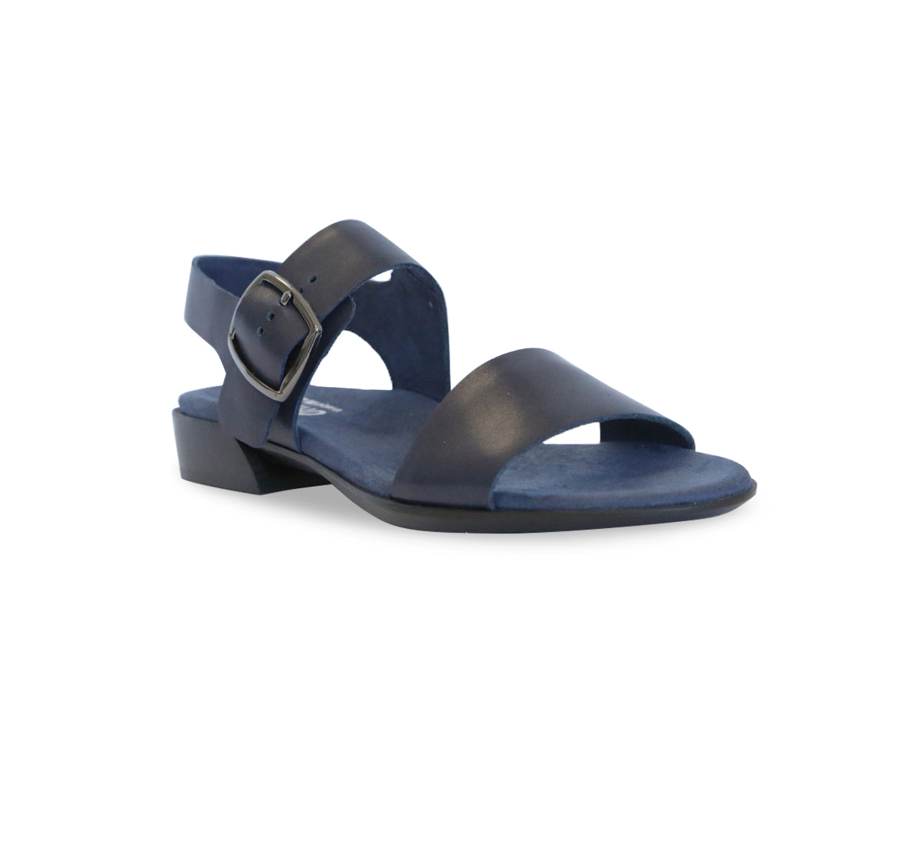 Cleo dress or casual sandal on low heel with buckle on ankle strap in navy leather-angle view