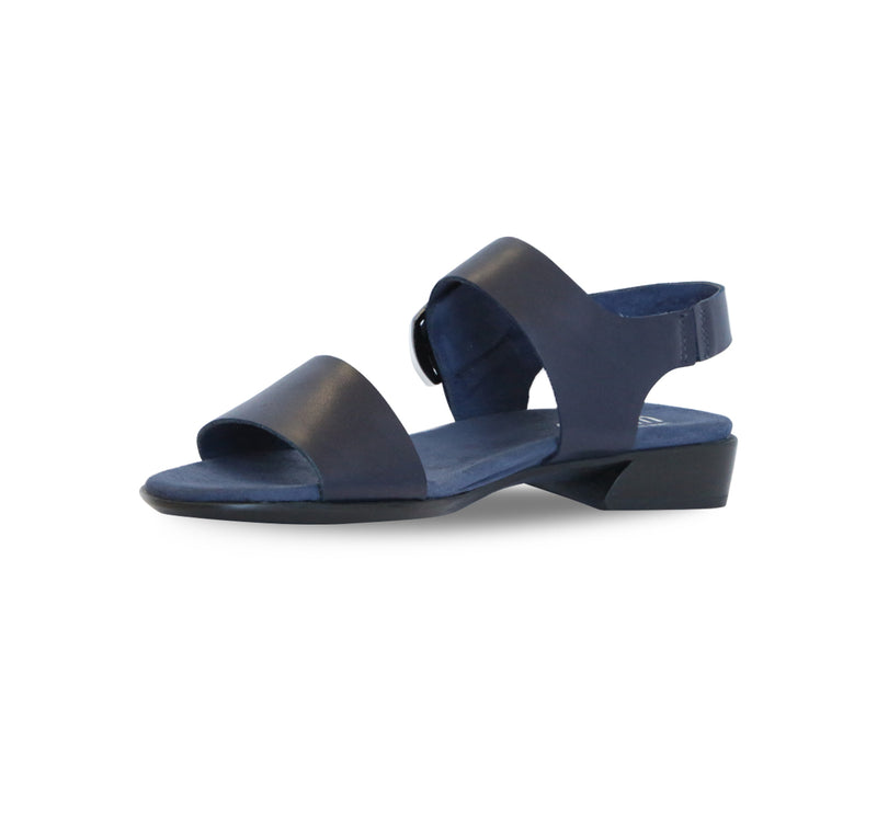 Cleo dress or casual sandal on low heel with buckle on ankle strap in navy leather-inside view