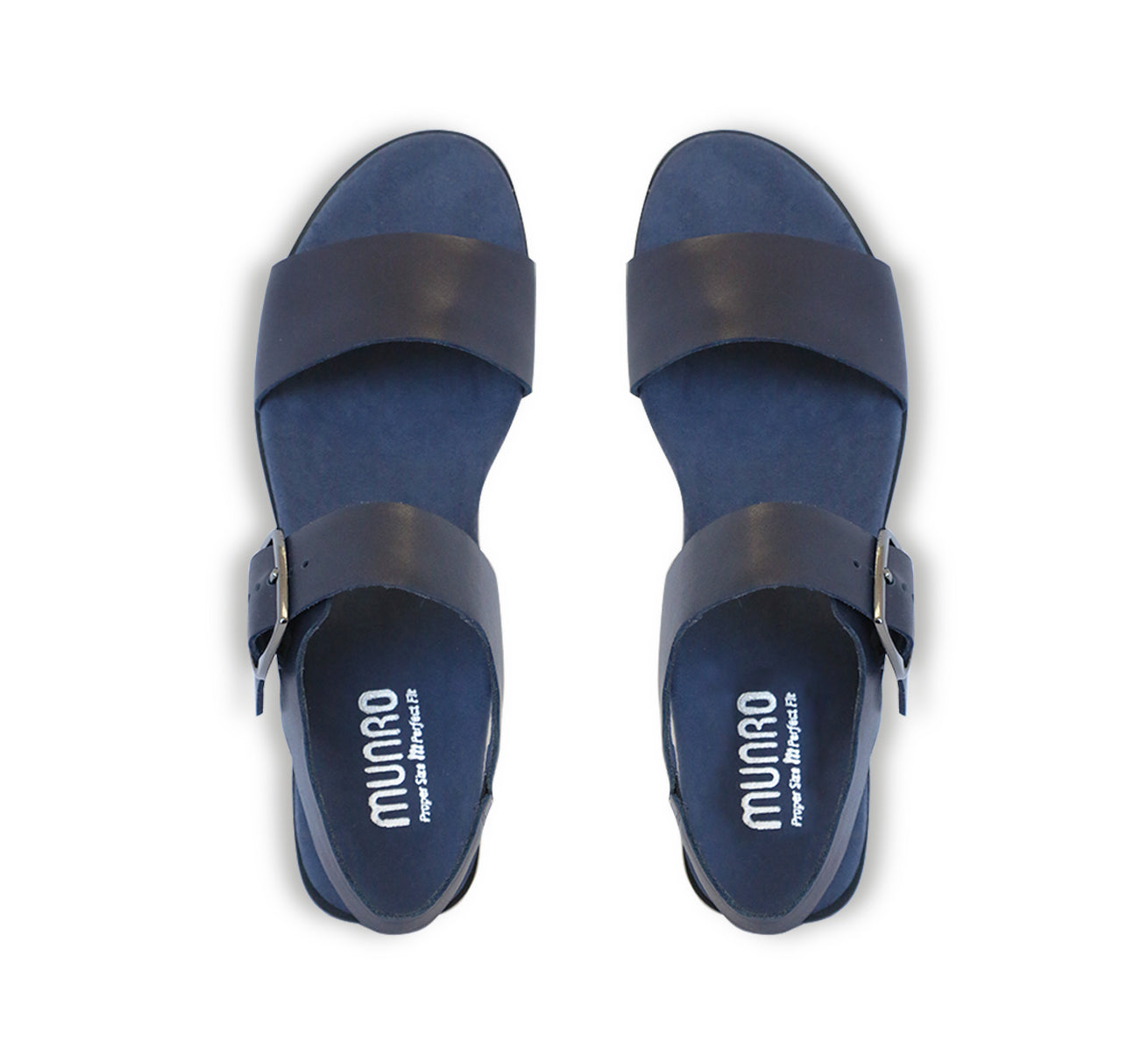 Cleo dress or casual sandal on low heel with buckle on ankle strap in navy leather-top view