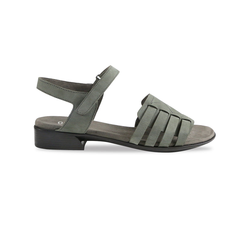 HAVEN LOW HEEL STRAPPY SANDAL IN GREEN NUBUCK - OUTSIDE VIEW