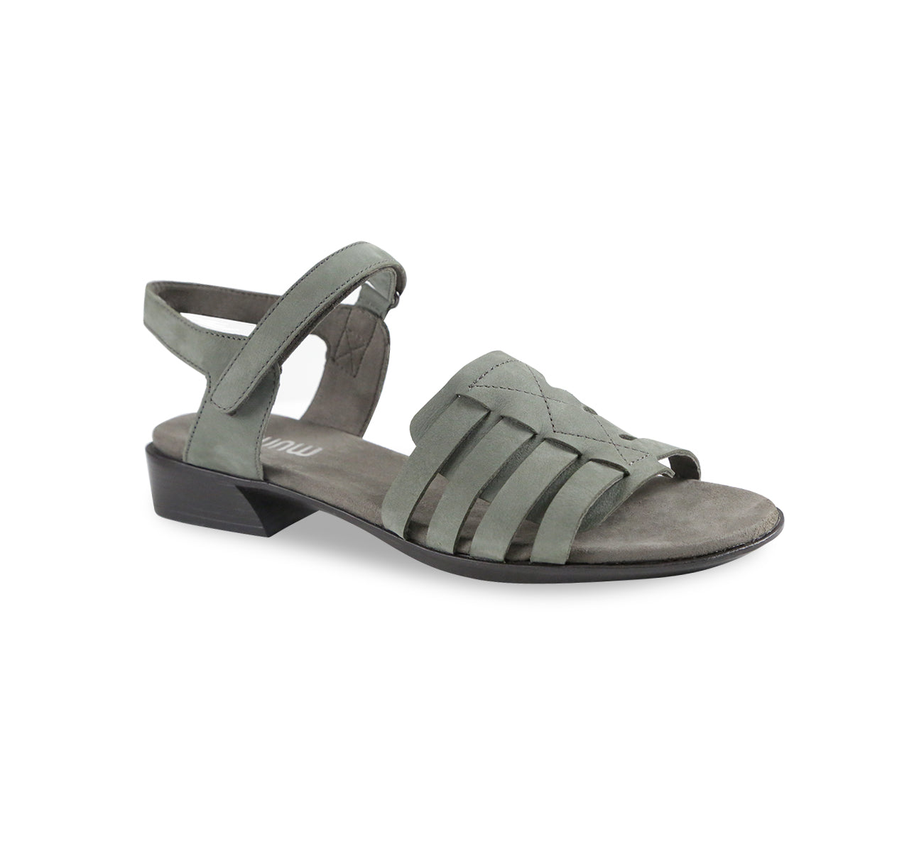 HAVEN LOW HEEL STRAPPY SANDAL IN GREEN NUBUCK - ANGLE VIEW