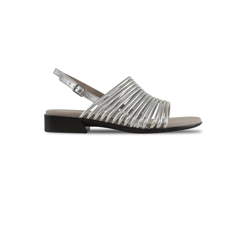 Celia low-heel lamb metallic silvery leather sling back strappy sandal with tubular leather vamp straps and buckle on ankle strap-side view