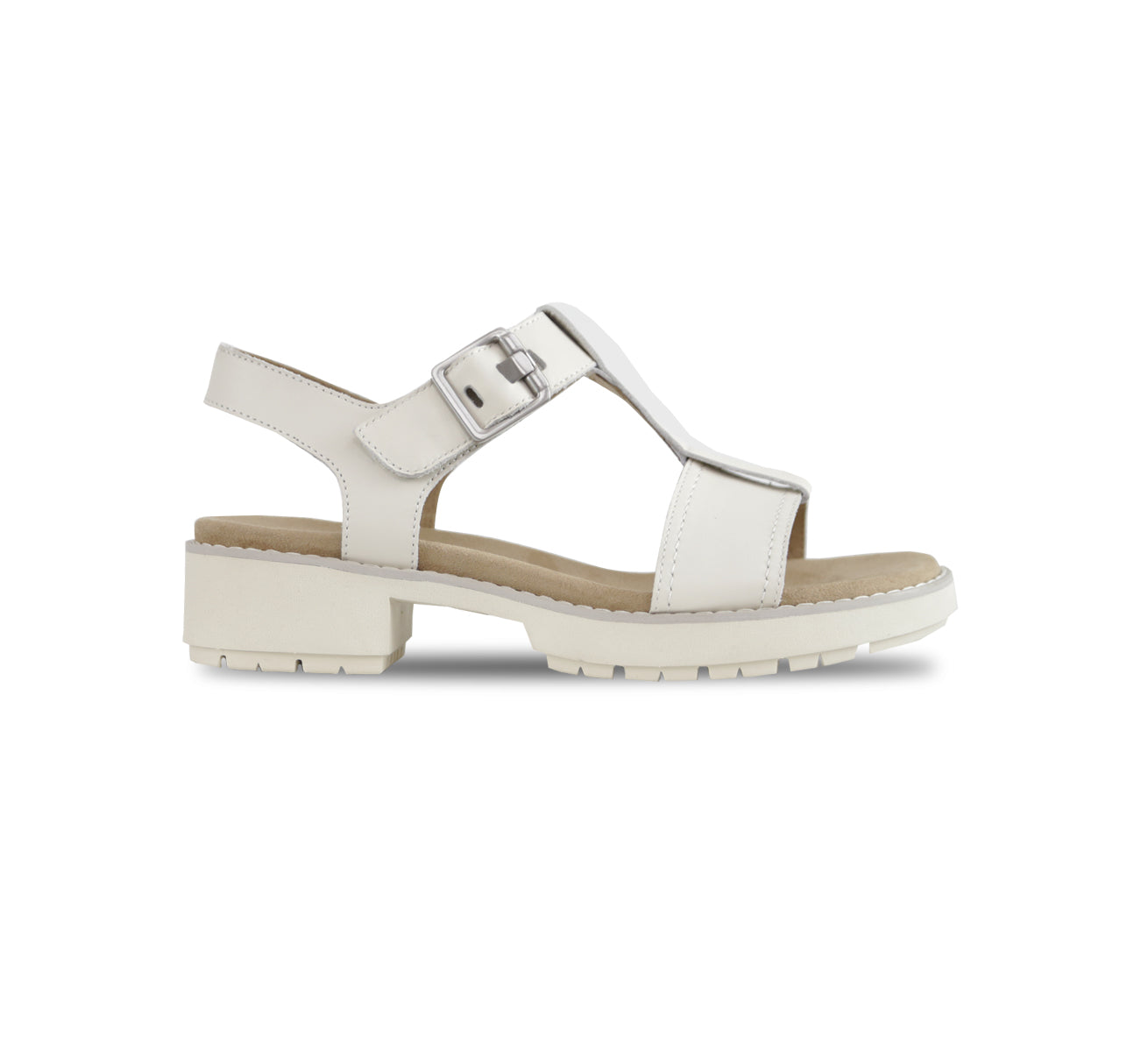 MEL IS A T-STRAP SANDAL, WITH A BUCKLE ON THE ANKLE STRAP AND LUG OUTSOLE LATTE LEATHER - SIDE VIEW