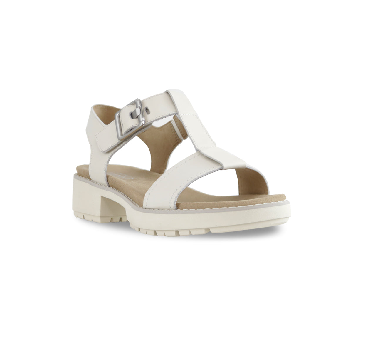 MEL IS A T-STRAP SANDAL, WITH A BUCKLE ON THE ANKLE STRAP AND LUG OUTSOLE LATTE LEATHER - ANGLE VIEW